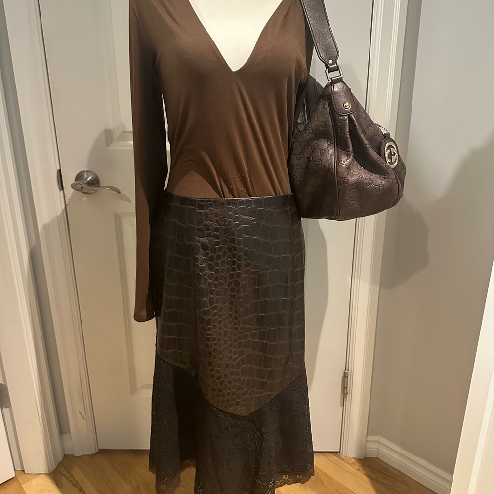 Maje Faux Leather and Lace Midi Skirt